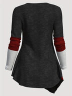 Color Block Patchwork Long Sleeve Top Women Irregular Hem Wide Lapel Knit Casual Spring Fall Black Mixed Colors S M L XL XXL