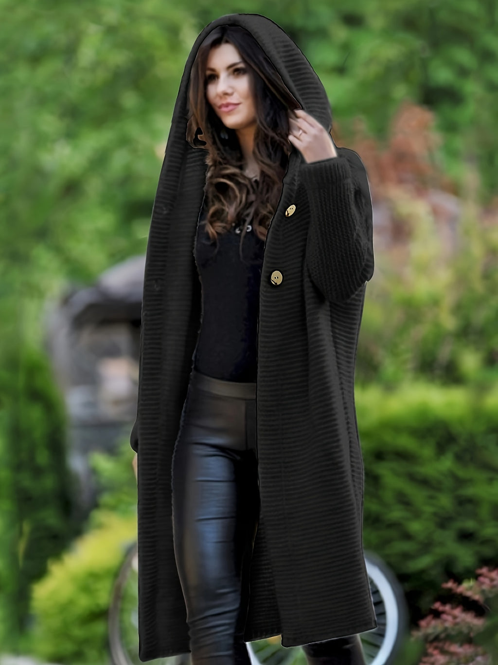 Women's Hooded Cardigan Sweater Long Open Front Knit Cardigan with Button Fall Winter Casual Loose Coat Green