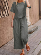 Women's 2 Piece Pantsuit Set Casual Elegant Solid Color Crew Neck Short Sleeve Top Wide Leg Pants All Season Wear Loose Fit Outfit S M L XL XXL