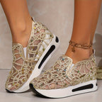 Women's Glitter Sneakers Thick Heel Height-Increasing – Breathable Net Perforated Shock-Absorbing PU Sole All-Season Casual Sporty Shoes, 3 Colors, US Sizes 6–11.5
