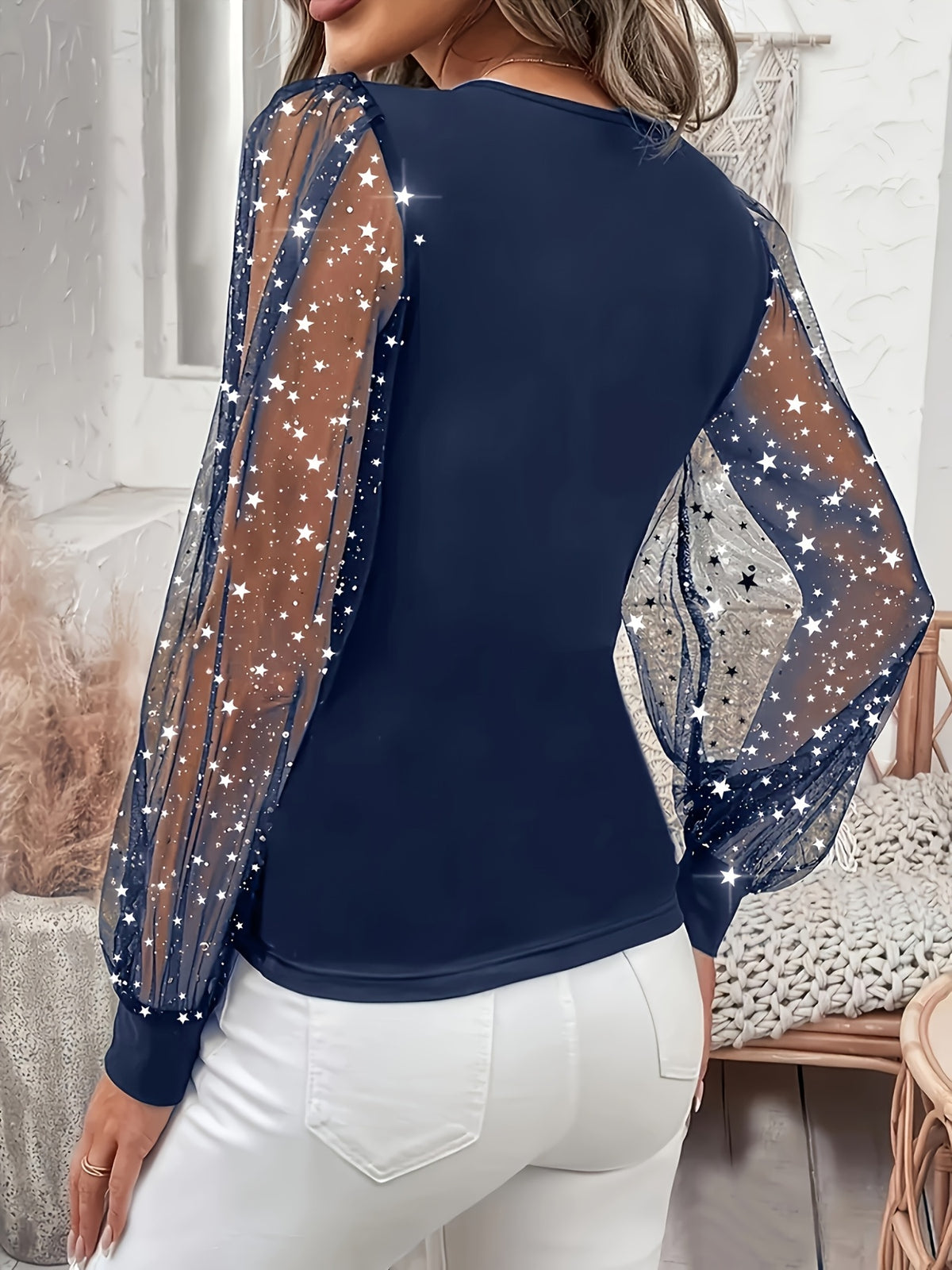 Women's Elegant Sequin Lantern Sleeve Blouse Solid Color Mesh Lace Trim Round Neck Stretchy Top 95% Polyester Spring Summer Fall S-XXL