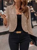 Women's Glitter Sequin Cropped Cardigan Jacket – Golden Foil Pleated 3/4 Sleeve Business Casual Blazer for Work Party