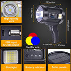 LED Rechargeable Flashlight 6 Modes 3 Color Filters USB & Solar Charging IPX4 Waterproof Tactical Flashlight for Camping Hiking Hunting Boating – Christmas & Holiday Gift