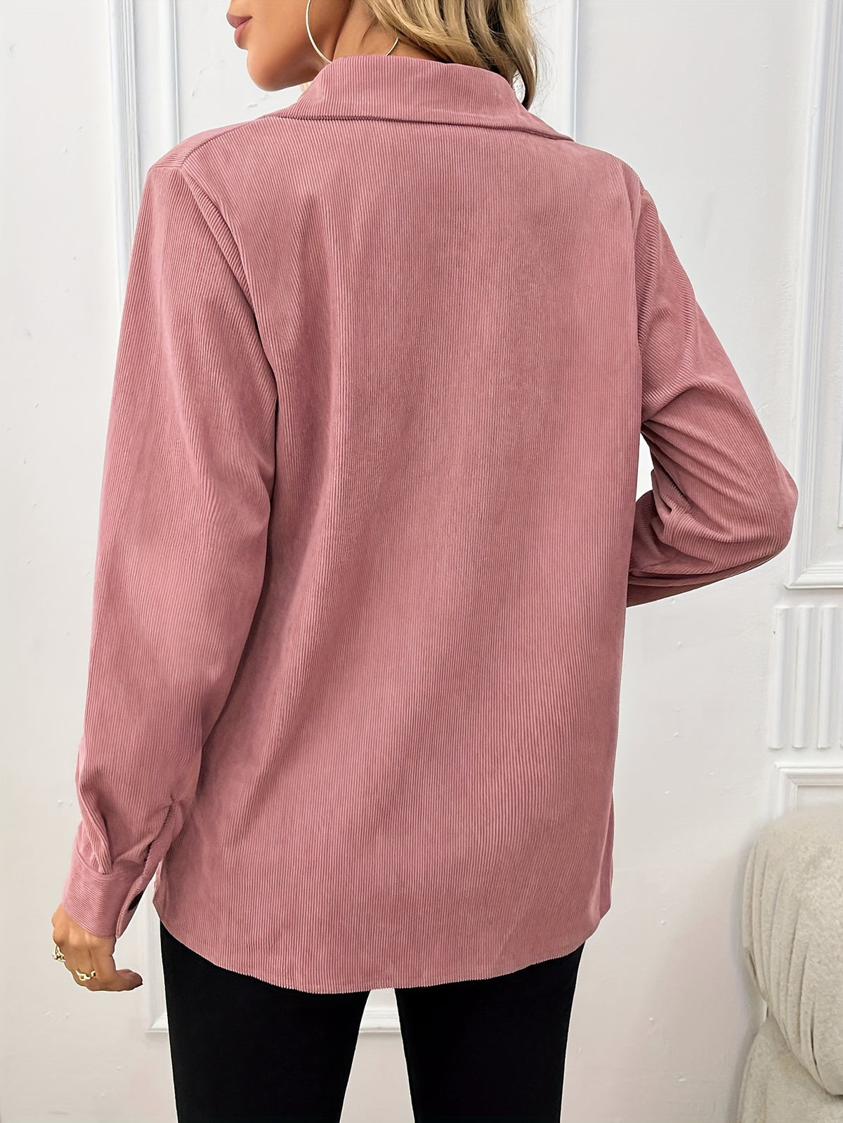 Corduroy Shirt Jacket Women Lapel Front Pocket Long Sleeve Shacket Casual Fall Outerwear Pale Pink Gray Peacock Blue Black XS S M L XL
