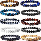 Natural Stone Beaded Bracelet Set 10pcs 8mm Round Elastic for Men Women - Boho Stackable Stretch Bracelets Unisex Healing Crystal Gemstone Wrist Jewelry for Festival, Birthday & Holiday Gift