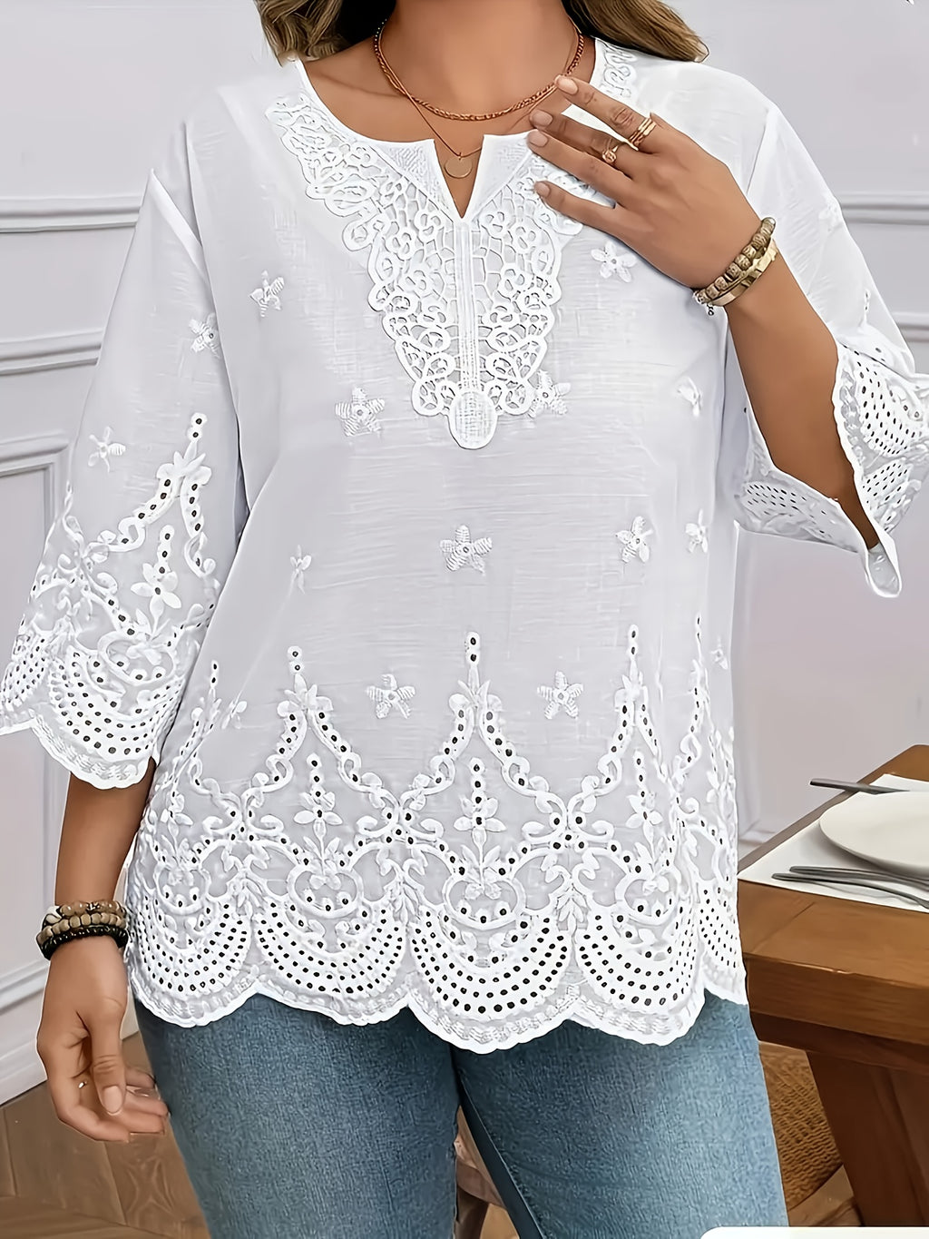 Women's V-Neck Floral Lace Contrast Shirt Elegant Woven Blouse for Spring Summer Fall Formal Casual Wear S-XXL