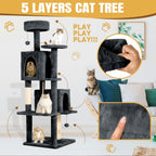 59" Multi-Level Cat Tower for Indoor Cats – Large Cat Tree with Plush Resting Area, Sisal Scratching Post & Hanging Ball Toy – Ideal for Bedroom, Living Room & Multi-Cat Households – Velora