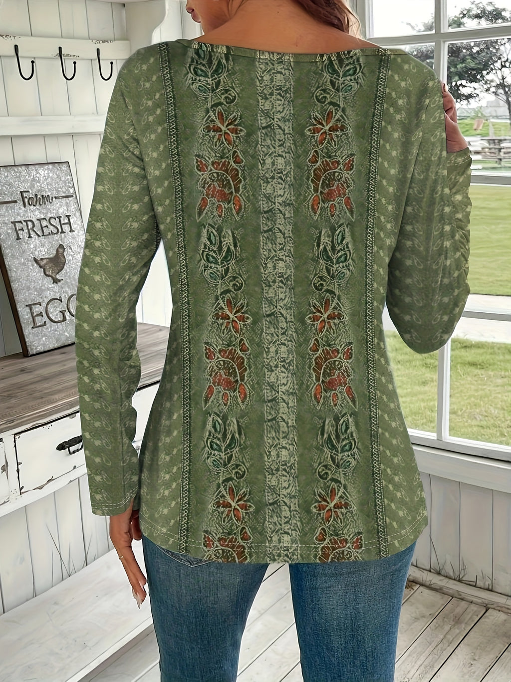 Women's Floral Print Lace Collar Long Sleeve T-Shirt Elegant Casual Top - Nature-Inspired Print Polyester Knit Blouse for Spring Fall Daily Wear Office Outfits