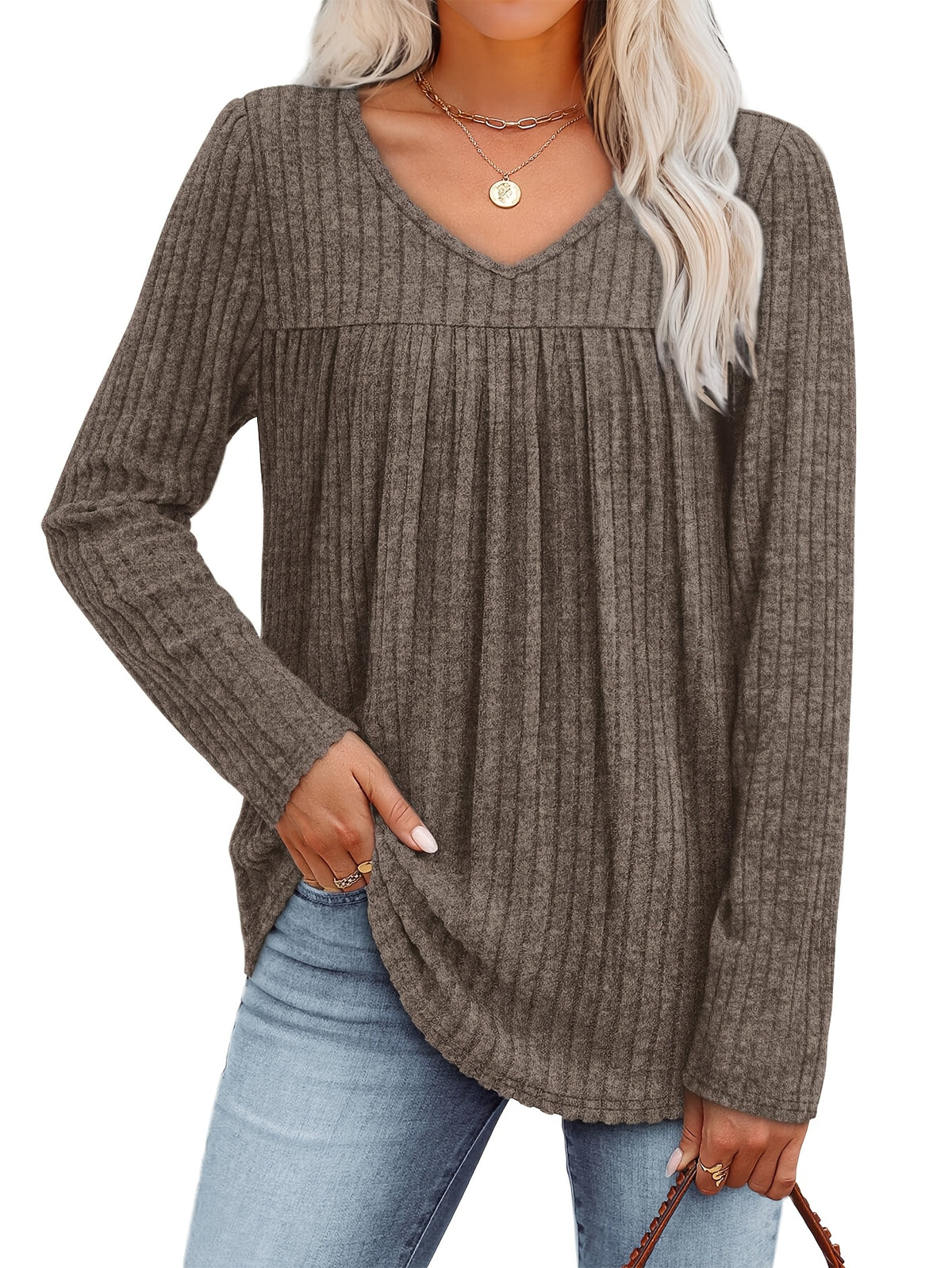 Women's V-Neck Long Sleeve Pullover Top – Lightweight Casual Front Pleat Blouse for Women, Elegant Loose Fit Dressy Shirt, Multiple Colors, Sizes S-XXL